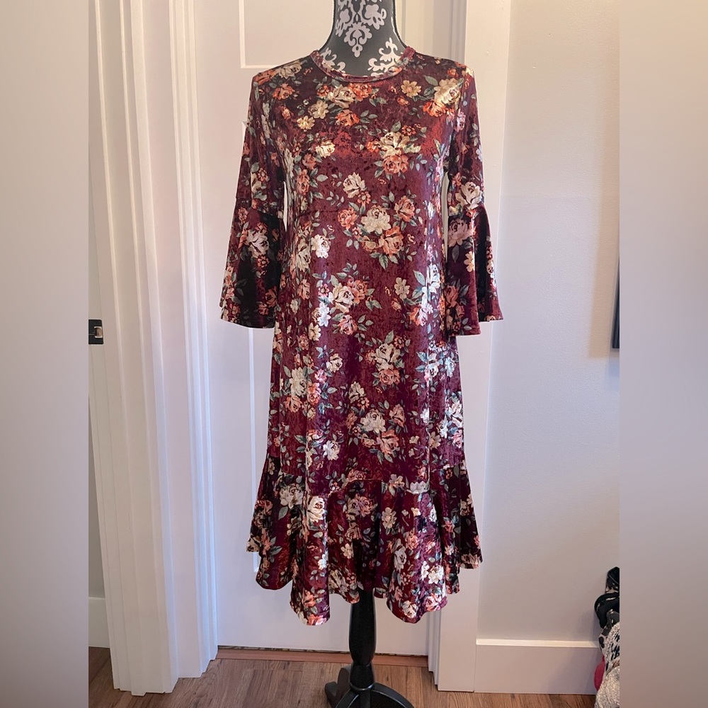 Velvet Floral Dress Burgandy/Red